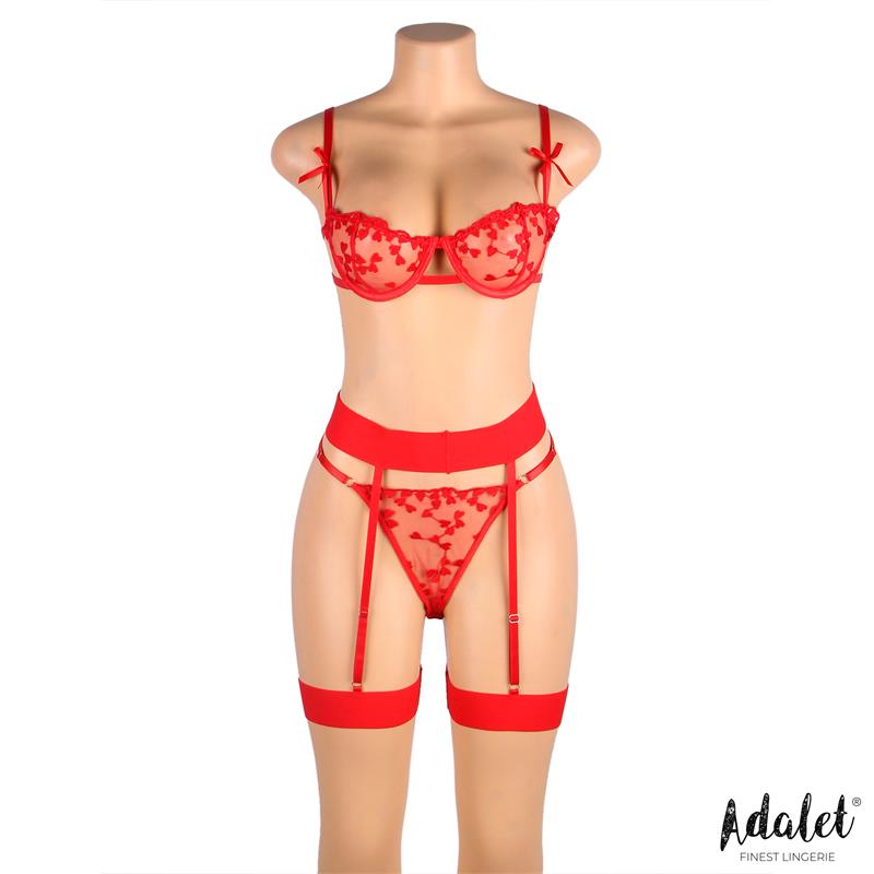 Yvonne bra thong and garter belt Set with Hearts Red