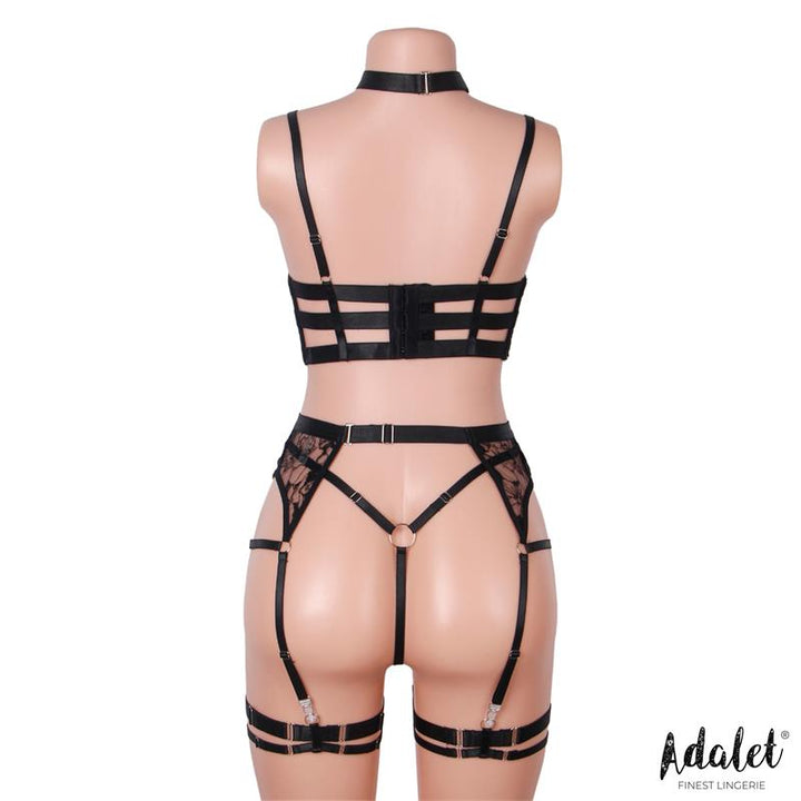 Hyacinth Bra Garter Set and Thong Black