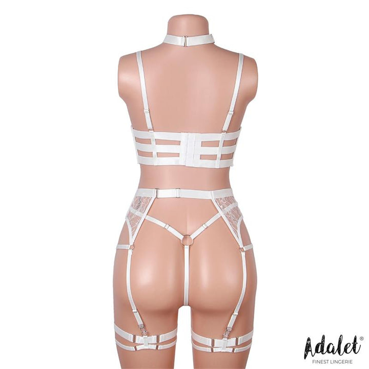 Hyacinth Bra Garter Set with Thong White