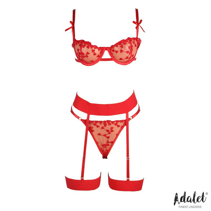 Yvonne bra thong and garter belt Set with Hearts Red